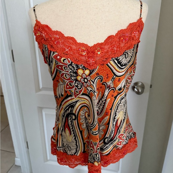 Y2K New York & Co Silk Paisley Cami Top Size XL Orange Beaded Lace Sequins Fairy - Picture 9 of 10